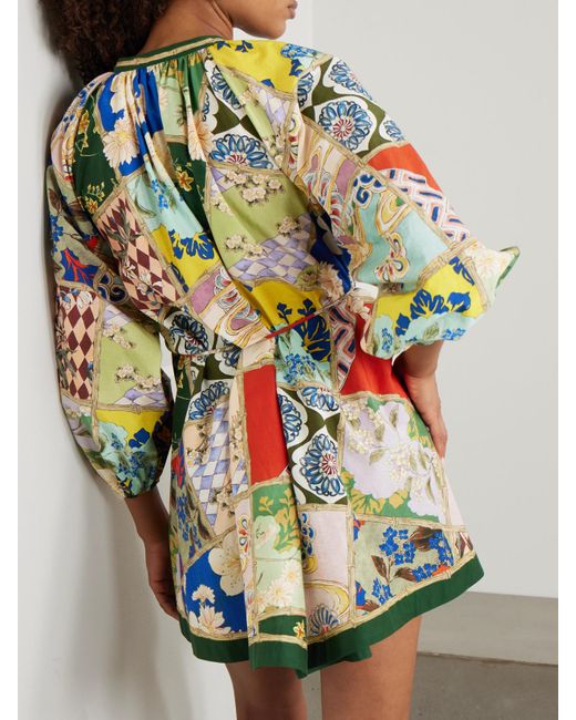 Mini-Robe En Voile De Coton Et De Soie Mélangés Imprimé À Fronces Et À Ceinture Bianca ALÉMAIS en coloris Green