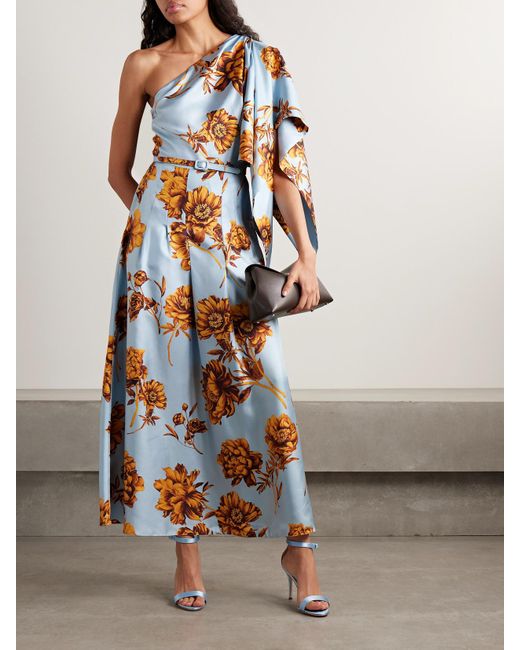 Oscar de la Renta White One-Shoulder Belted Draped Floral-Print Silk-Twill Midi Dress