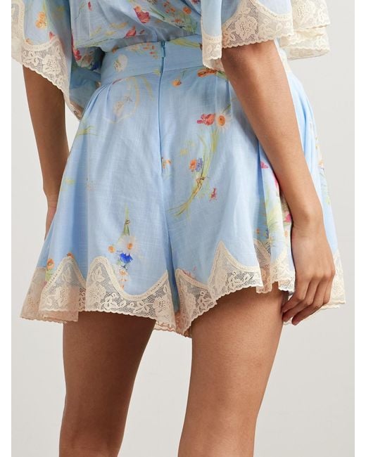 Zimmermann Blue Lucky Lace-Trimmed Pleated Floral-Print Cotton-Voile Shorts