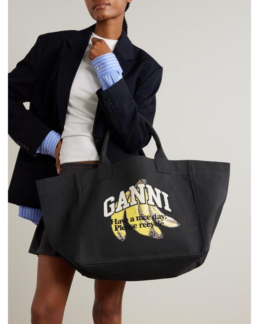 Ganni Black Printed Cotton-Canvas Tote