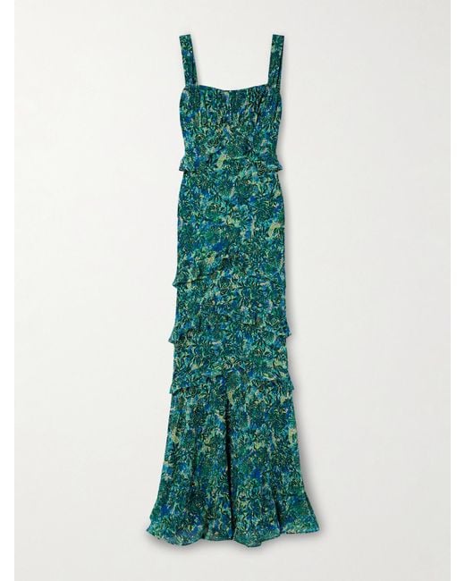 Saloni Green Chandra Ruffled Printed Silk-Georgette Maxi Dress