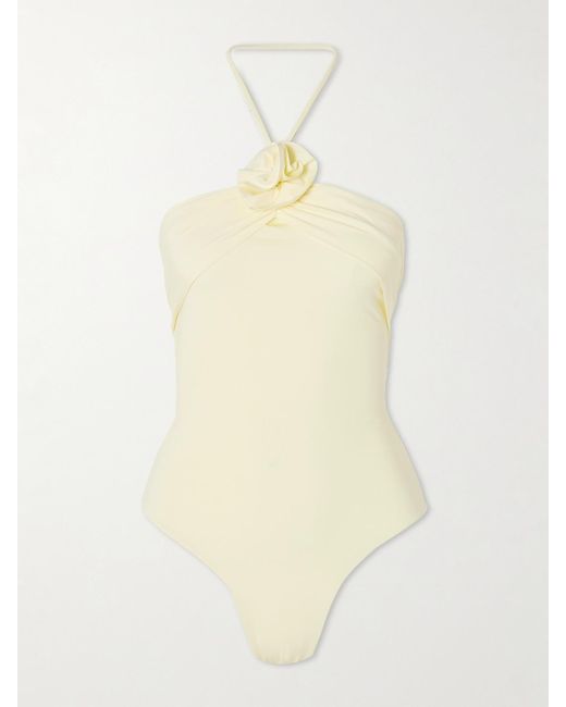 Maygel Coronel White Agapi Floral-Appliquéd Ruched Halterneck Swimsuit