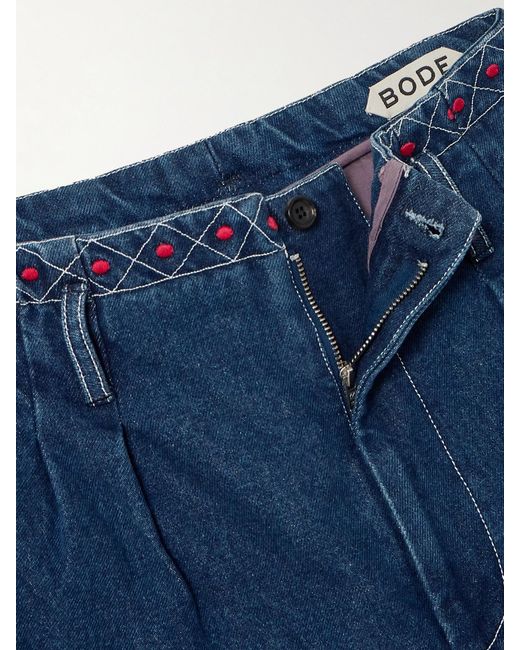 Bode Blue Murray High-Rise Pleated Embroidered Wide-Leg Jeans
