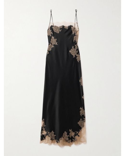 Carine Gilson Black Lace-Trimmed Silk-Satin Nightdress