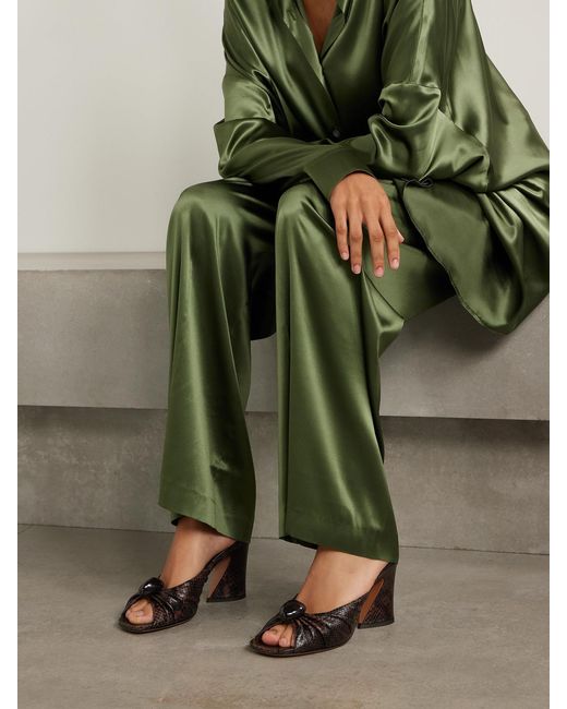 Zimmermann Brown Gleam Embellished Gathered Snake-Effect Leather Mules