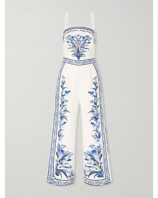 Farm Rio Blue Flowers Arch Printed Linen Jumpsuit
