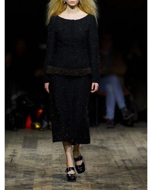 Simone Rocha Blue Shearling-Trimmed Metallic-Tweed Midi Skirt