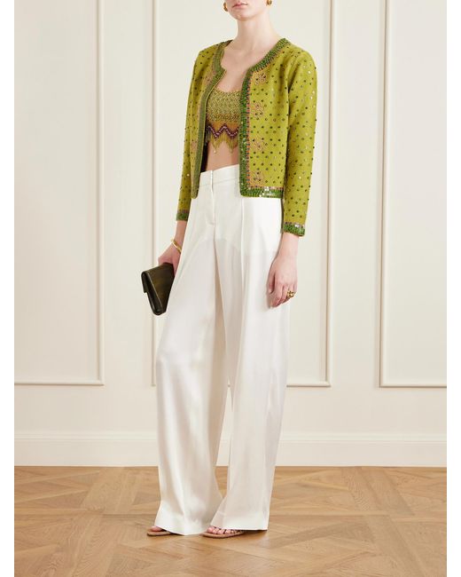 Bode Yellow Bottleglass Cropped Fringed Beaded Satin Top