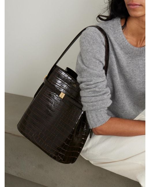 Totême Black Belted Croc-Effect Leather Tote