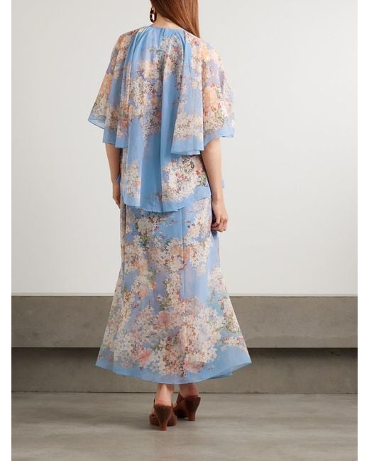 Zimmermann Blue Cascadian Tiered Ruffled Floral-Print Recycled-Georgette Maxi Dress