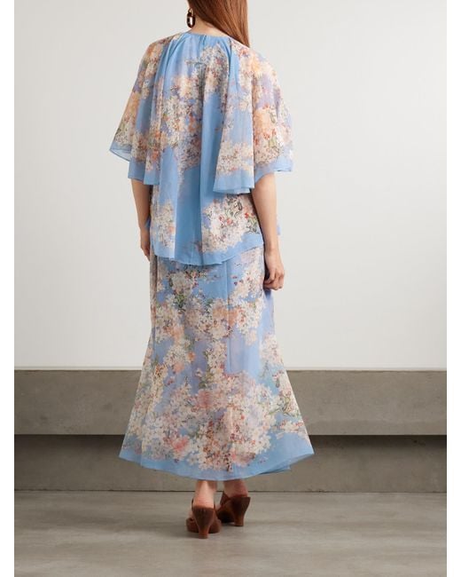Zimmermann Blue Cascadian Tiered Ruffled Floral-Print Recycled-Georgette Maxi Dress