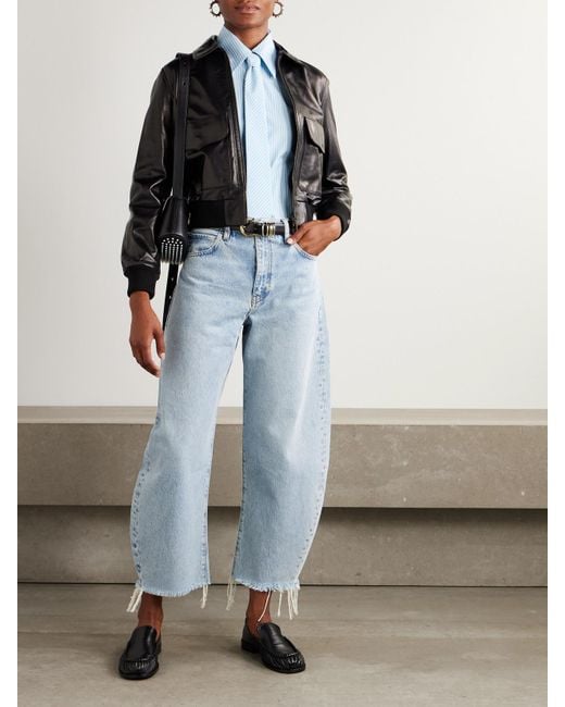 FRAME Blue The Bubble Crop Frayed High-Rise Barrel-Leg Jeans