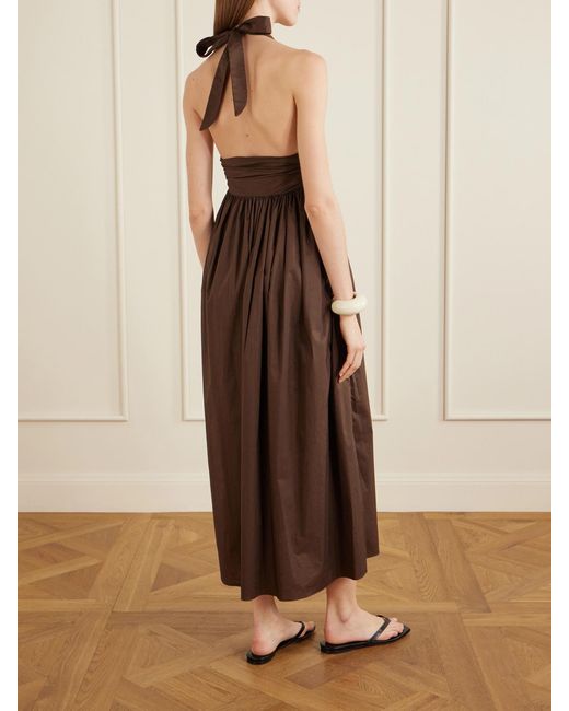 Matteau Brown Gathered Organic Cotton-Poplin Halterneck Maxi Dress