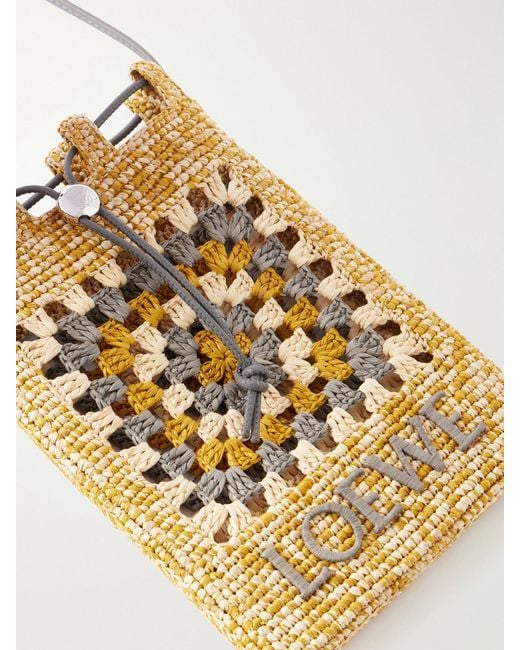Loewe Metallic Paula's Ibiza Leather-Trimmed Crocheted Raffia Bucket Bag