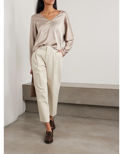 Brunello Cucinelli Natural Cropped Pleated Stretch-Cotton Twill Tapered Pants