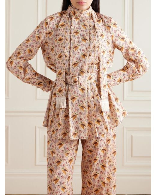 Haut En Mousseline De Coton À Col Noué, Ceinture, Plis Et Imprimé Fleuri Valentino Garavani en coloris Natural