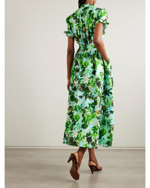 Saloni Green Ena Belted Printed Cotton Midi Dress