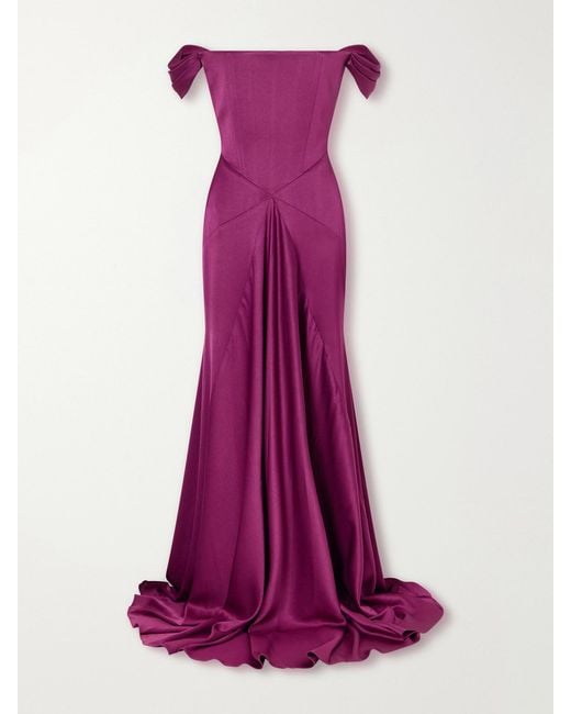 Alex Perry Purple Satin Off-The-Shoulder Gown