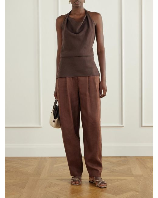 ANDRES OTALORA Brown Seguirte Pleated Linen Tapered Pants