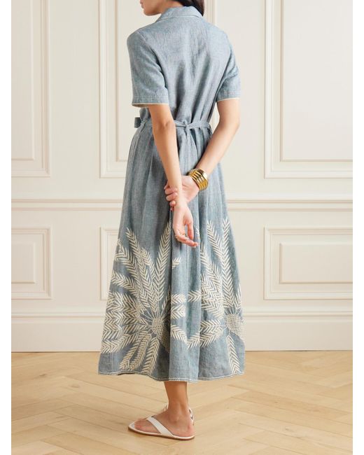 Emporio Sirenuse Blue Claudia Palm Belted Embroidered Ramie And Linen-Blend Midi Dress