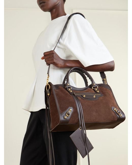 Balenciaga Brown Le City Studded Leather-Trimmed Suede Shoulder Bag