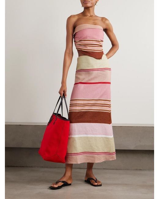 Faithfull The Brand Pink Ebbe Bandeau-Oberteil Aus Gestreiftem Leinen Mit Raffungen