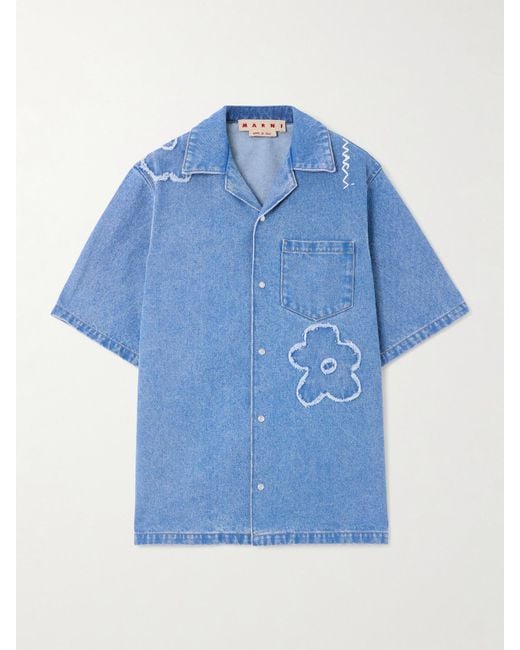 Marni Blue Embroidered Frayed Denim Shirt