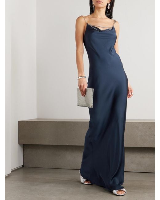 Rabanne Blue Chain-Embellished Draped Satin Maxi Dress
