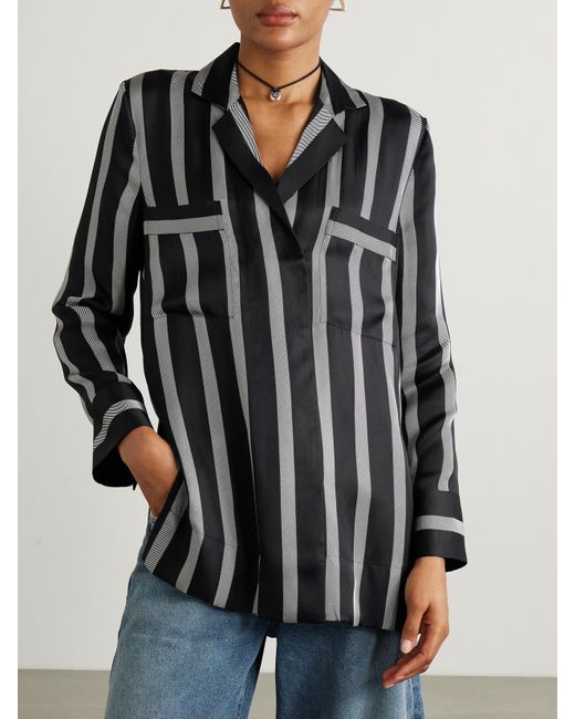 Anine Bing Black Lynette Gestreiftes Hemd Aus Glänzendem Twill Aus Einer Seidenmischung