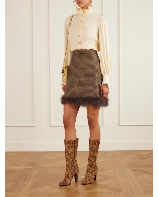 Valentino Garavani Natural Feather-Trimmed Houndstooth Wool Mini Skirt