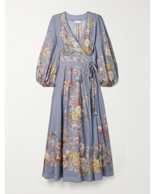 Zimmermann Blue Tallow Floral-Print Cotton-Voile Midi Wrap Dress