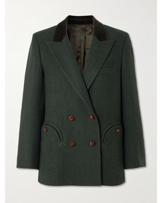 Blazé Milano Green Everynight Velvet-Trimmed Herringbone Wool-Blend Blazer