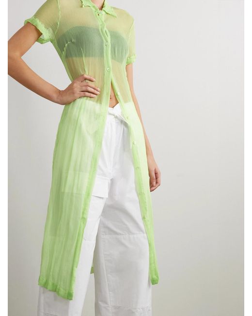 Dries Van Noten Green Crinkled Silk-Chiffon Midi Shirt Dress