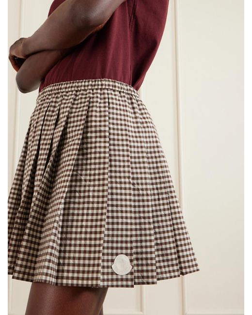 Moncler Brown Appliquéd Pleated Gingham Cotton-Blend Mini Skirt