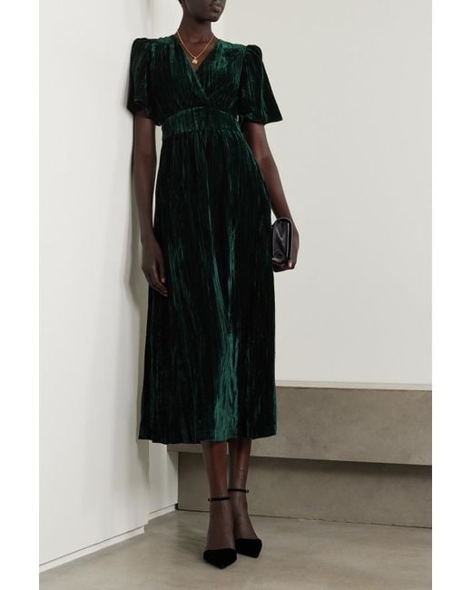 Cefinn Gina Wrap-effect Plissé-velvet Midi Dress in Green | Lyst