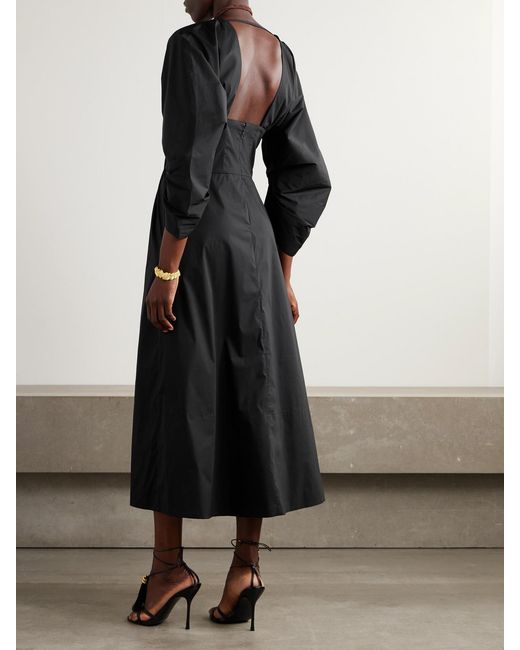 Cult Gaia Black Elyza Embellished Gathered Cotton-Blend Poplin Midi Dress
