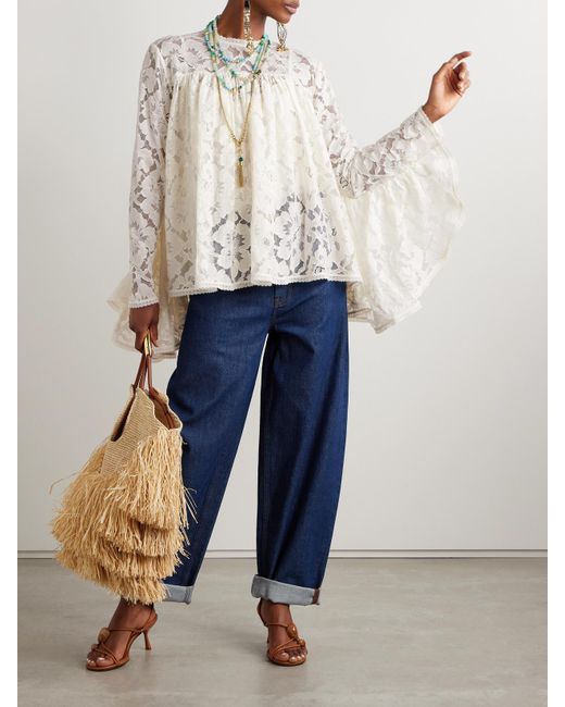 Zimmermann White Illuminate Gathered Cotton-Blend Lace Blouse