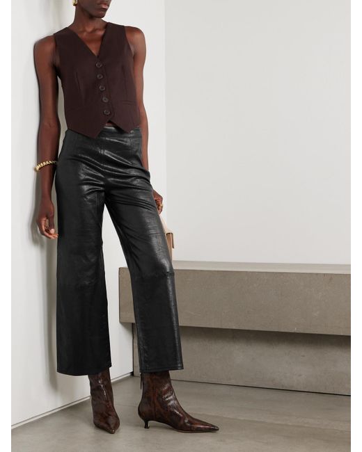FRAME Black Crinkled Cropped High-Rise Wide-Leg Leather Pants