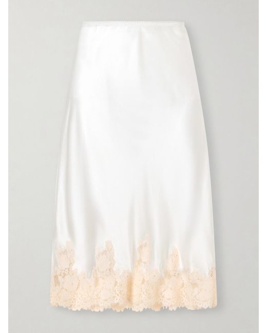 Doen White Elowette Lace-Trimmed Silk-Satin Midi Skirt
