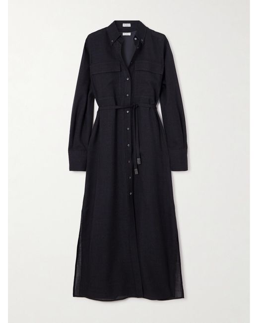 Brunello Cucinelli Black Midi-Hemdblusenkleid Aus Wolle Mit Zierperlen Und Bindegürtel