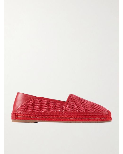 Manolo Blahnik Red Espadra Collapsible-Heel Leather-Trimmed Raffia Espadrilles