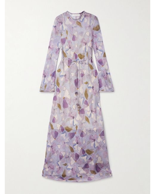 Zimmermann Purple Dawning Belted Linen And Silk-Blend Maxi Dress