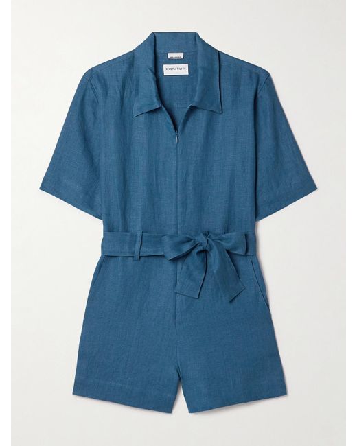 Rivet Utility Blue Influencer Playsuit Aus Leinen Mit Bindegürtel
