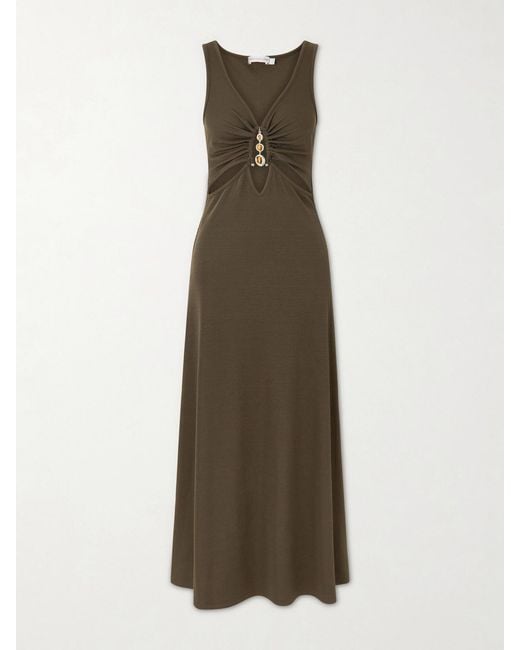 Christopher Esber Natural Droplet Embellished Cut-Out Ribbed-Jersey Midi Dress