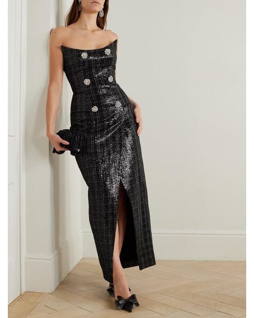Balmain Black Strapless Embellished Sequined Metallic Tweed Gown