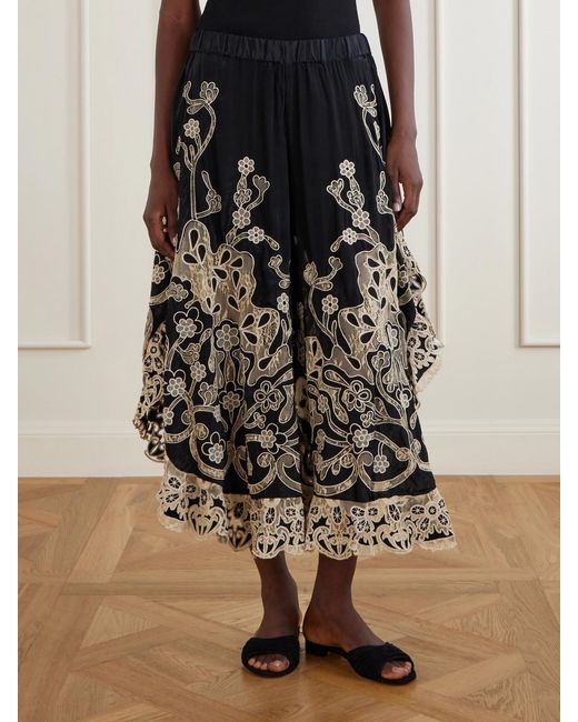 Sea Black Gracelyn Ruffled Lace-Trimmed Cotton Wide-Leg Pants