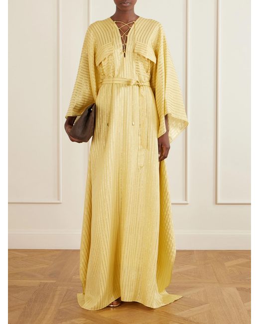 Taller Marmo Yellow Mojave Belted Lurex Fil Coupé Silk-Blend Gown