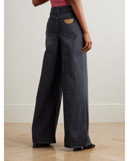 Chloé Blue Leather-Trimmed High-Rise Wide-Leg Jeans