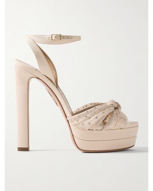 Aquazzura Natural Slow Kisses 130 Crystal-Embellished Chiffon-Trimmed Grosgrain Platform Sandals