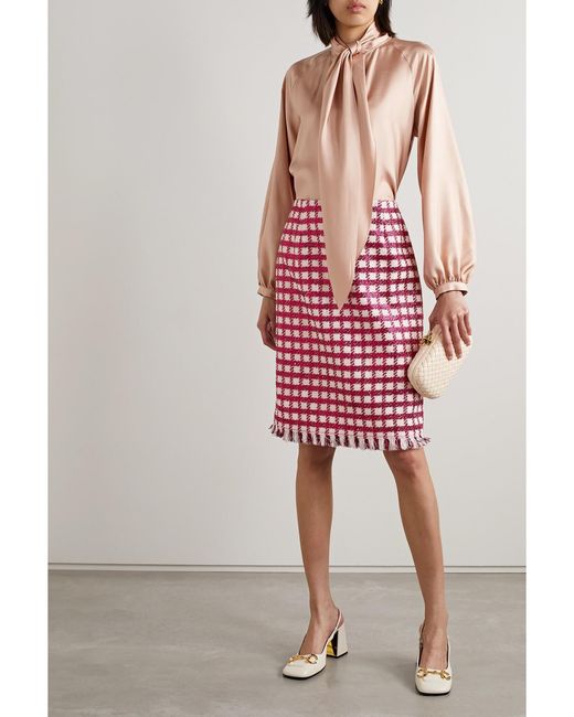 Oscar de la Renta Red Frayed Checked Metallic Wool-Blend Tweed Skirt